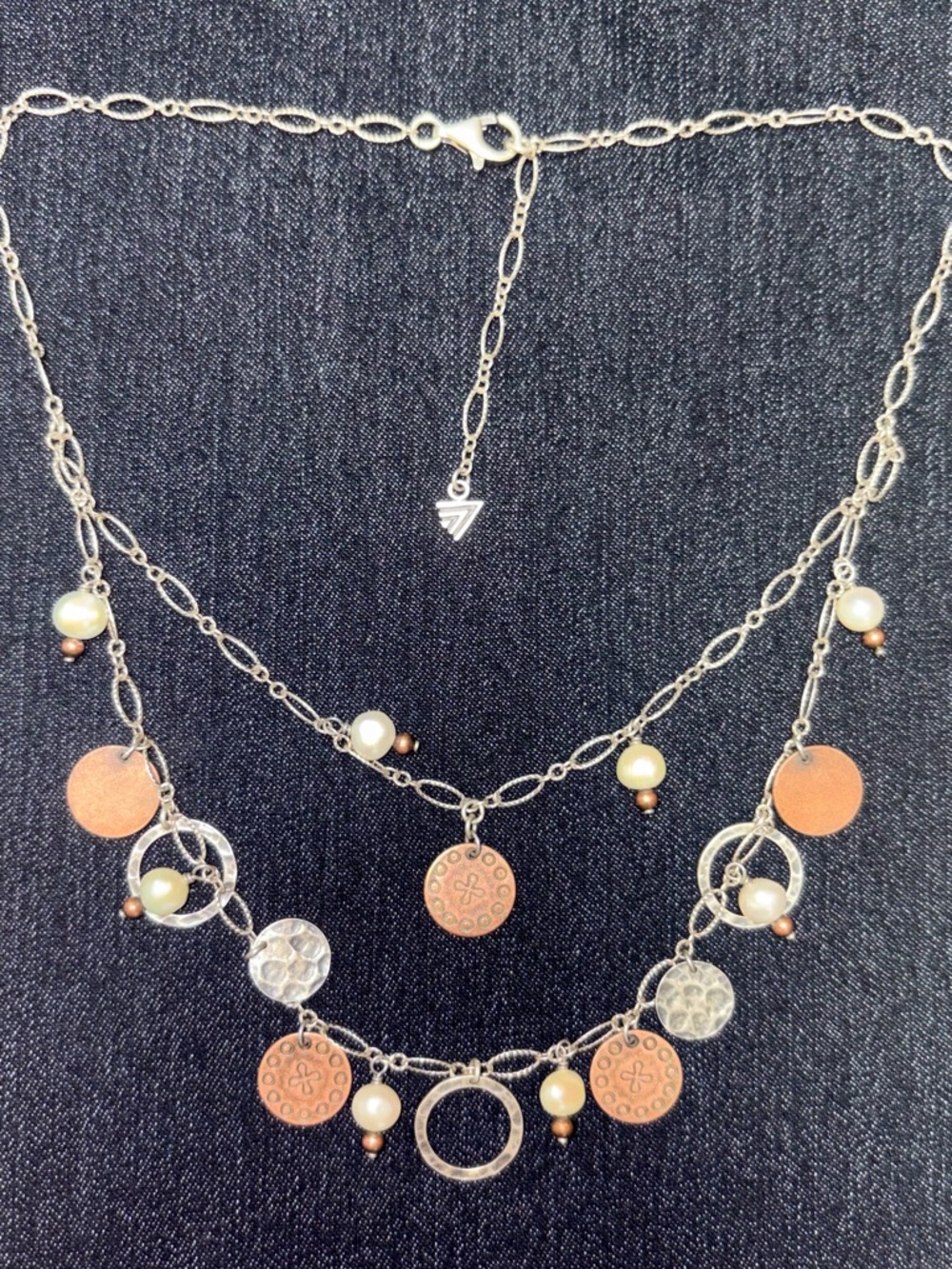 Silpada Silver Chain Necklace with Copper Discs and Pearls